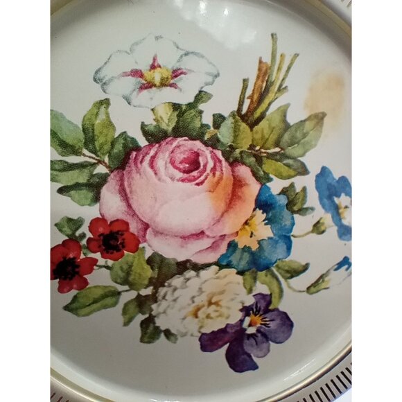 Tin Coasters Vintage Made In Denmark Round Floral Set Of 7 With Gold Trim - Picture 9 of 16